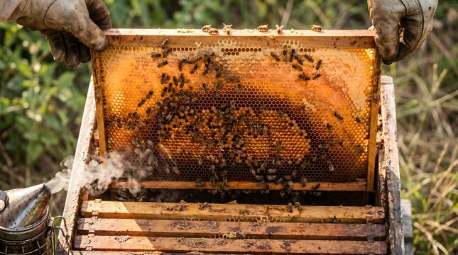 Beekeeper in protective gloves carefully inspecting a wooden beehive frame teeming with busy bees and honeycomb with gentle smoke rising from a smoker highlighting the meticulous