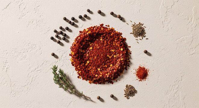 A circular arrangement of dried aleppo pepper flakes surrounded by scattered black peppercorns, cumin seeds, fresh thyme sprig, and paprika on white.
