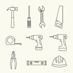 Fototapeta premium Minimalist construction and carpentry hand tools line icons set