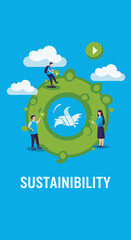 Naklejka premium An illustration depicting people interacting with a green planet icon, symbolizing global sustainability efforts and environmental responsibility, with a prominent 'SUSTAINABILITY' text.