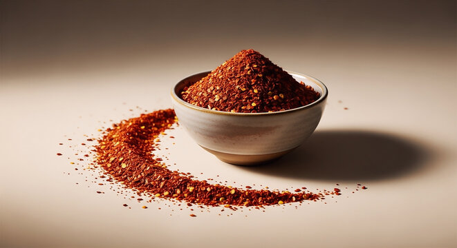 A ceramic bowl filled with vibrant red aleppo pepper flakes displayed on a minimalist background with a stylized creative artistic scatter effect around