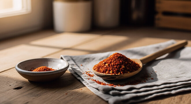 A wooden spoon filled with vibrant red aleppo pepper flakes sitting on a rustic linen cloth next to a small ceramic bowl in a sunlit farmhouse kitchen