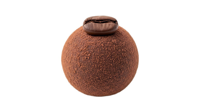 This artistic image shows a chocolate truffle elegantly dusted with cocoa powder, crowned with a whole coffee bean. It evokes a rich, aromatic blend of chocolate and coffee flavors.