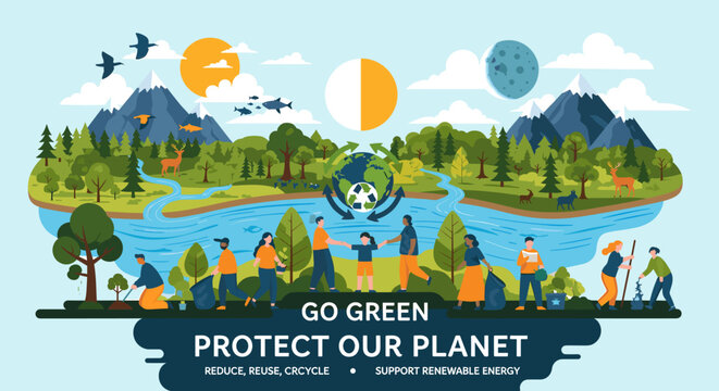 A vibrant illustration depicting people actively participating in environmental conservation efforts, promoting a 'Go Green, Protect Our Planet' message with elements of nature and sustainability.