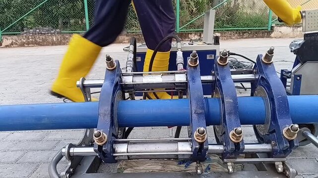 HDPE Welding Sequence: Pressing Heated Pipe Ends Together for Seamless Butt Fusion Joint