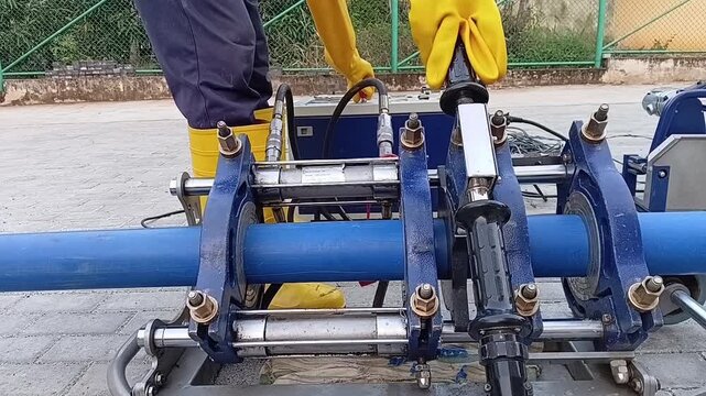 HDPE Welding Sequence: Heating Pipe Ends with Teflon Coated Plate During Butt Fusion Process