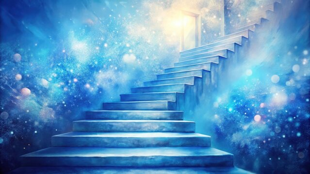 A photo of a blue watercolor painting featuring stairs ascending into bright light The staircase is painted with soft hues of azure and lavender, lea