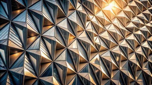 A photo of a geometrically designed architectural facade with intricate details, casting contrasting light and shadow across the faceted surfaces