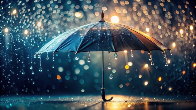 A photo of a cloudy umbrella with raindrops hanging from its edge, droplets glistening under the dim light