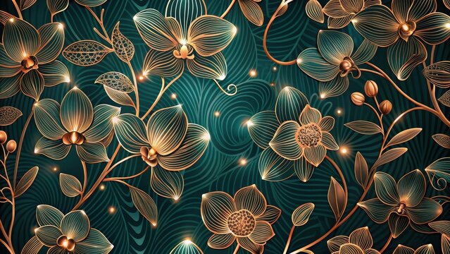 Title A photo of intricate dark teal and copper line art orchid pattern on a deep emerald background, creating an elegant seamless wallpaper desi