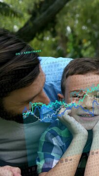 Vertical video: Dad coming over son, kissing cheek and showing care while finance charts overlaying