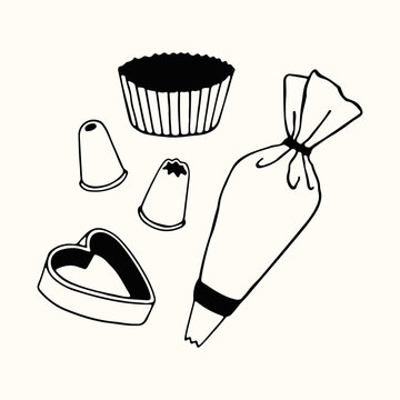 A comprehensive cake decorating kit featuring a piping bag, several nozzles, a cupcake liner, a heart shape is drawn in a clean line art style. Vector illustration for bakery branding and tutorials