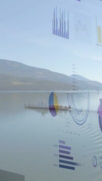 Vertical video: Data appearing, boat crossing lake, bars rising rings aligning, showing metrics
