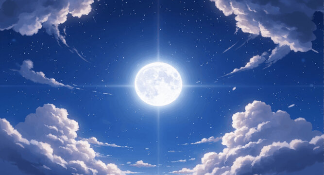 Full Moon Glowing in Starry Night Sky with Ethereal Clouds Anime Style