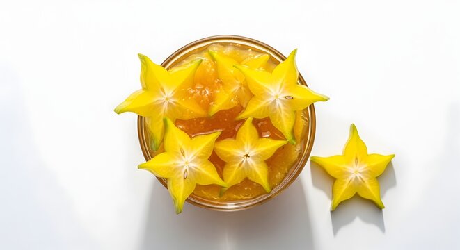 Vibrant Star Fruit Preserve in Glass Jar, Overhead View of Exotic Tropical Fruit Compote with Sliced Specimens