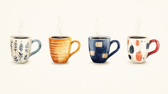 Four colorful coffee mugs, steaming hot, on a light background.  Possible use Stock photography for coffee, home, lifestyle, or design themes