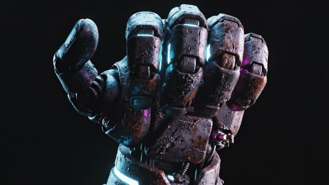 A close-up of a rusty robotic fist with glowing blue lights on a dark background, conveying a sense of technology and innovation.