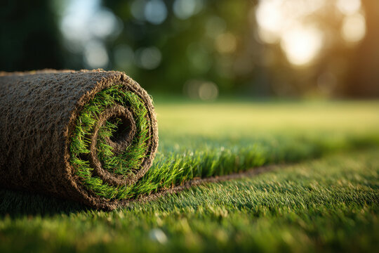 Freshly rolled natural grass turf ready for installation in a sunlit garden showcasing vibrant green texture and outdoor landscaping preparation
