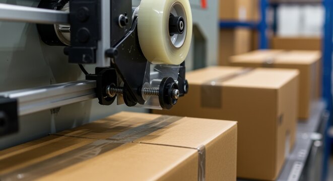 packaging machine sealing cardboard box on conveyor belt in industrial warehouse