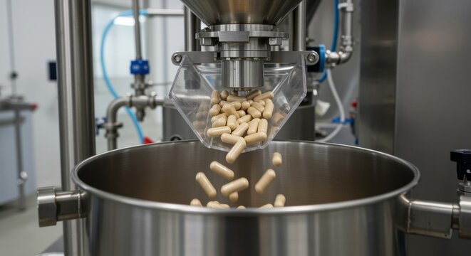 Capsule machine filling pharmaceutical capsules in industrial production facility