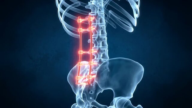 Human spinal column with metal implant fusion on blue background, detailed vertebrae alignment, medical radiography illustrating back pain treatment, orthopedic surgery concept, 4K video