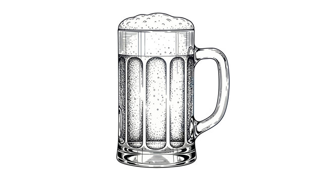 Hand-drawn sketch of a frothy beer mug with condensation, isolated on white