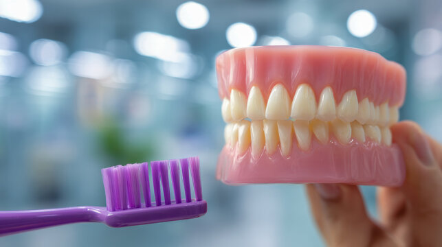 Demonstration of proper oral hygiene using a purple toothbrush and realistic dental model to promote effective teeth brushing techniques and care