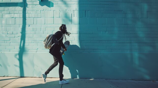 Young Woman Walking with Skateboard and Backpack Against Blue Brick Wall in Urban Setting