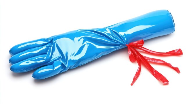 Blue vinyl glove with red ribbon, studio shot