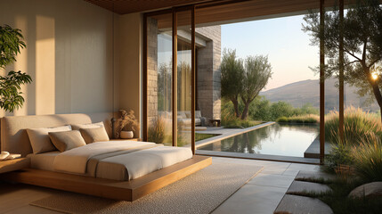 Fototapeta premium Serene Sanctuary: Luxurious bedroom with an inviting wooden bed. Large windows offer breathtaking views of a serene outdoor pool and the tranquil hills beyond, creating a sanctuary of peace.