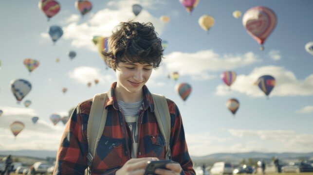 Young Woman Wearing Red Plaid Shirt with Backpack Smiling While Using Smartphone in Hot Air Balloon Festival