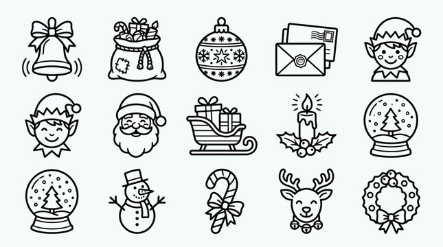 Set of Christmas Holiday Icons in Outline Style.