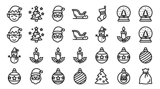 Set of Christmas Holiday Icons Line Art Illustrations.