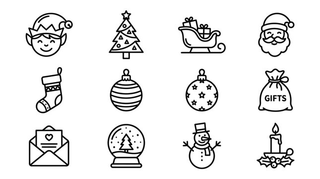 Set of Christmas Holiday Icons in Outline Style.