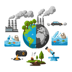 Naklejka premium Vector illustration showing global environmental pollution with factories, car exhaust, plastic waste, oil spills, deforestation, and water contamination affecting Earth.