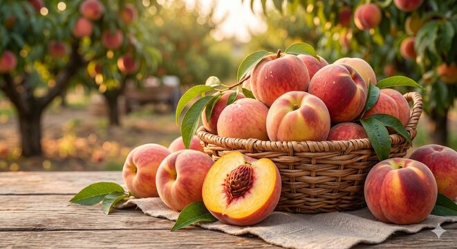 Abundant Harvest: Fresh Ripe Peaches in a Rustic Wicker Basket within a Golden Hour Sunny Orchard