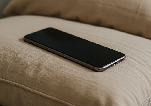Black Smartphone Resting on Beige Couch Cushion in Cozy Indoor Setting