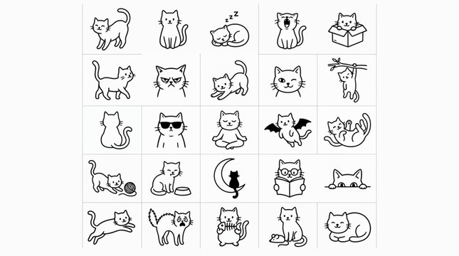 Set of cute doodle cat characters in various poses and moods.