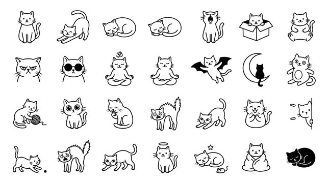 Set of cute hand drawn cat doodle icons.