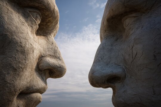 Dramatic close-up of two large stone faces facing each other against a cloudy sky, symbolizing confrontation and deep reflection in art and culture