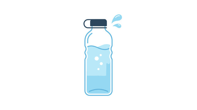 A minimalist, stylized, cartoon-style plastic water bottle with a black cap, filled with blue liquid and droplets spraying out, on a plain white background, conveying a sense of refreshment 