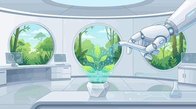 A futuristic flat illustration of a robotic hand watering a digital glowing plant in a high-tech laboratory with a forest view.