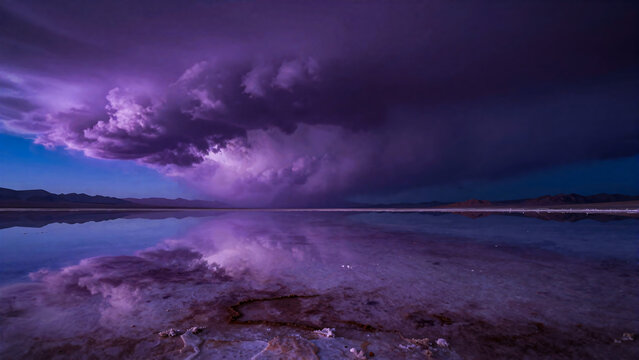 Dramatic purple storm clouds reflecting in the salt brine of Atacama.