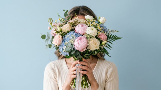 Woman covers her face with a bouquet of colorful flowers.