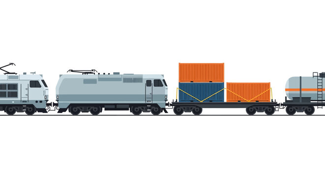 Modern freight train with cargo containers and tank car for logistics.