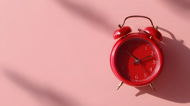 Red Alarm Clock on Pink Surface - A Minimalist Timekeeping Concept.