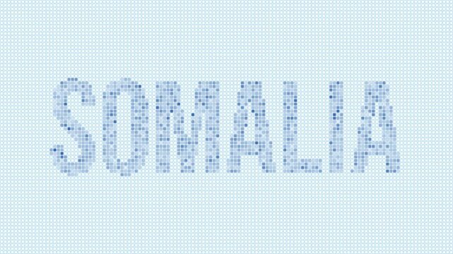 Somalia dotted map animation. Digital style shape of the country. Somalia shape and title dots appear with bulb flickering effect. Intro, outro, logo, title video.