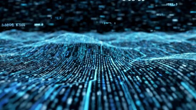 A futuristic digital landscape with glowing blue circuitry lines and patterns on a dark background, conveying advanced technology and innovation