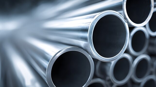 Close-up view of shiny metal pipes stacked together in a warehouse.