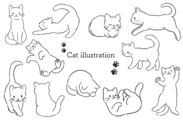座る、ジャンプする、伸びをするなどのシンプルでかわいい猫の線画ポーズ集 © moonillust